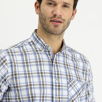 Blue Short-Sleeve Plaid Cotton Button-Down Shirt
