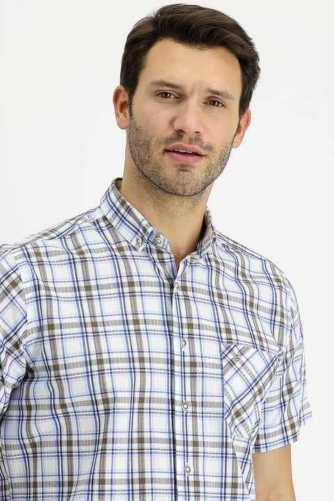 Blue Short-Sleeve Plaid Cotton Button-Down Shirt