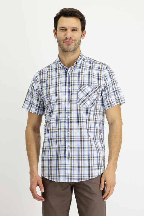Blue Short-Sleeve Plaid Cotton Button-Down Shirt