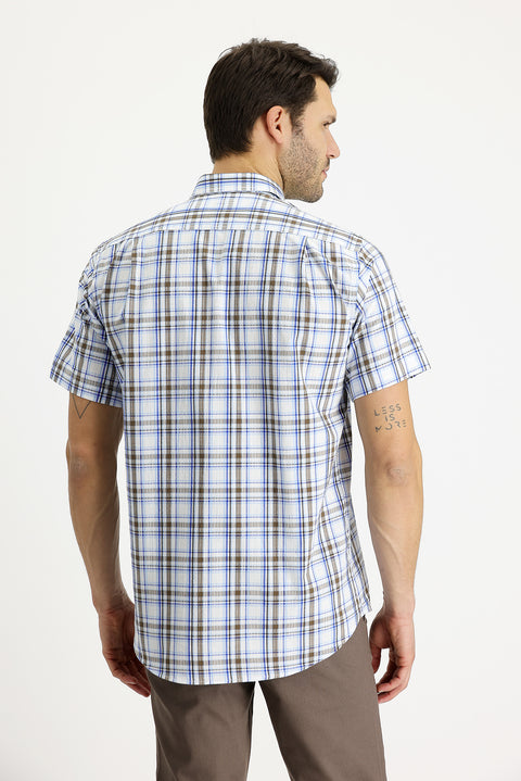 Blue Short-Sleeve Plaid Cotton Button-Down Shirt