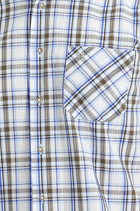 Blue Short-Sleeve Plaid Cotton Button-Down Shirt