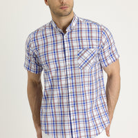 Flag Red Short Sleeve Plaid Cotton Button-Down Collar Shirt