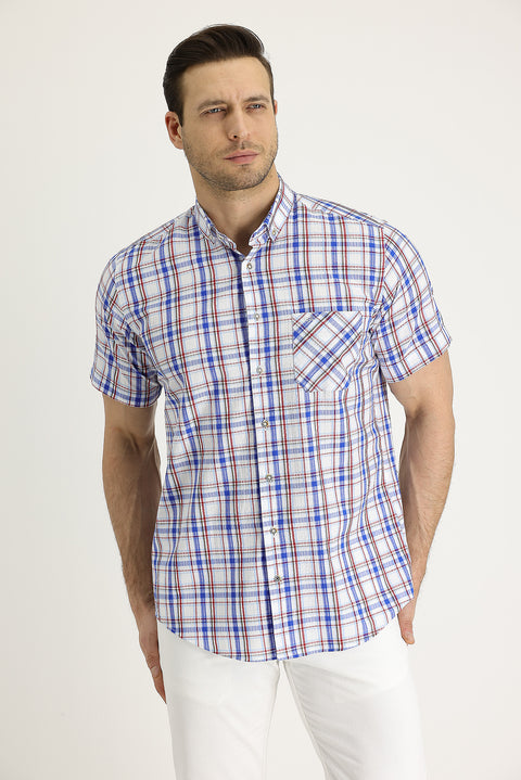 Flag Red Short Sleeve Plaid Cotton Button-Down Collar Shirt