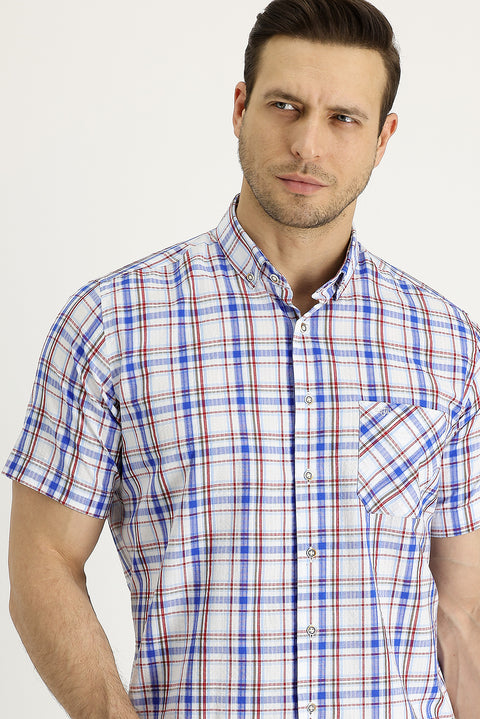 Flag Red Short Sleeve Plaid Cotton Button-Down Collar Shirt