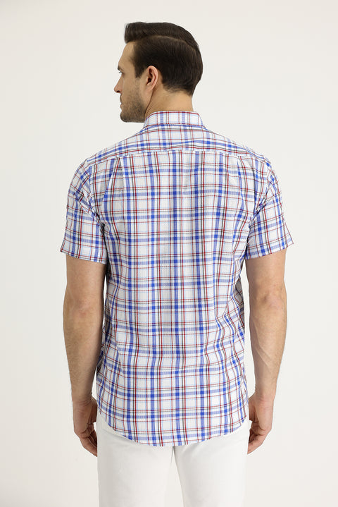Flag Red Short Sleeve Plaid Cotton Button-Down Collar Shirt