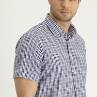 Dark Navy Short Sleeve Regular Fit Plaid Shirt