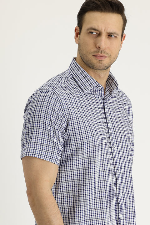 Dark Navy Short Sleeve Regular Fit Plaid Shirt