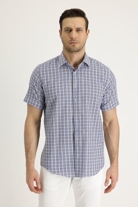 Dark Navy Short Sleeve Regular Fit Plaid Shirt