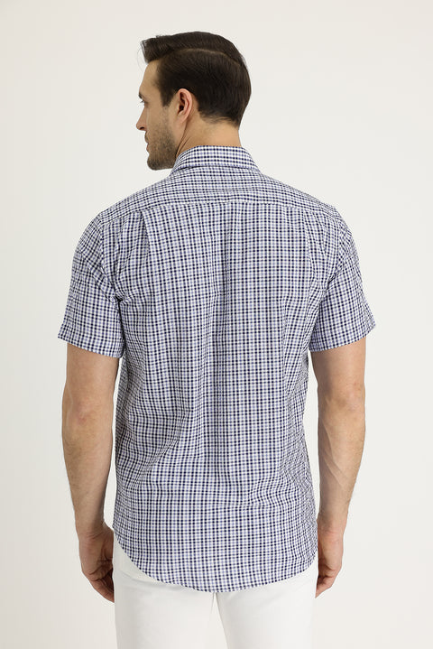 Dark Navy Short Sleeve Regular Fit Plaid Shirt