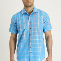 Medium Turquoise Short-Sleeve Plaid Cotton Shirt