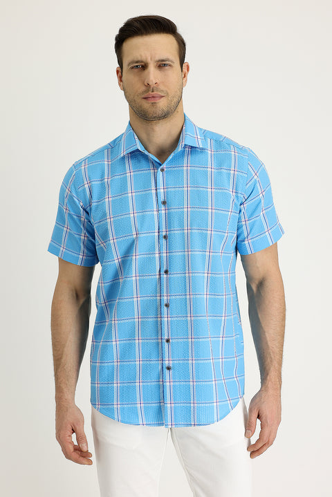 Medium Turquoise Short-Sleeve Plaid Cotton Shirt