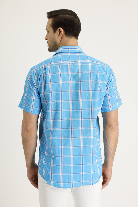 Medium Turquoise Short-Sleeve Plaid Cotton Shirt