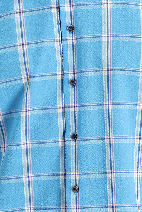 Medium Turquoise Short-Sleeve Plaid Cotton Shirt