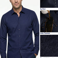 Koyu Lacivert Uzun Kol Slim Fit Dar Kesim Klasik Nano Care Su İtici Leke Tutmaz 4 Mevsim Pamuk Gömlek