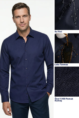  Koyu Lacivert Uzun Kol Slim Fit Dar Kesim Klasik Nano Care Su İtici Leke Tutmaz 4 Mevsim Pamuk Gömlek