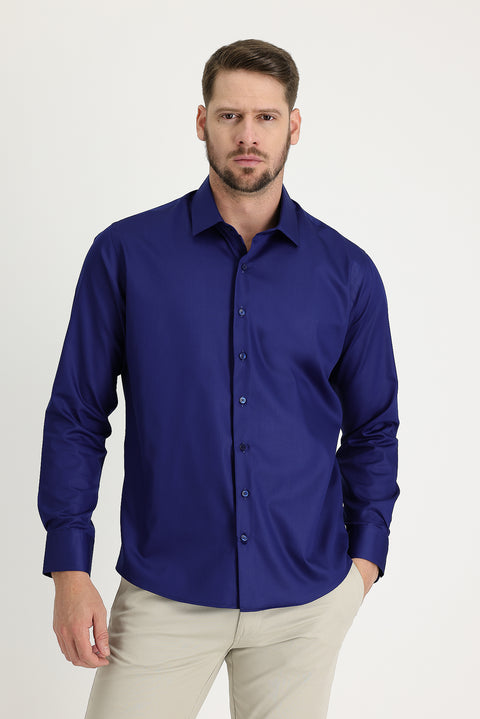 Medium Navy Long Sleeve Slim Fit Narrow Cut Non-Iron Cotton Shirt