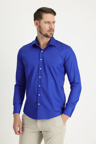  Saks Mavi Uzun Kol Slim Fit Dar Kesim Non Iron Pamuklu Gömlek