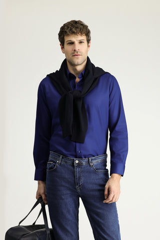  Koyu Lacivert Uzun Kol Slim Fit Dar Kesim Klasik Non Iron Saten Pamuklu Gömlek