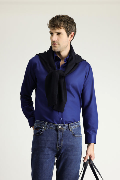 Dark Navy Long Sleeve Slim Fit Classic Non-Iron Satin Cotton Shirt