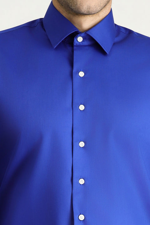 Navy Blue Long Sleeve Slim Fit Classic Non-Iron Satin Cotton Shirt