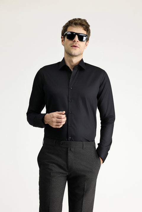 Black Long Sleeve Slim Fit Classic Non-Iron Satin Cotton Shirt