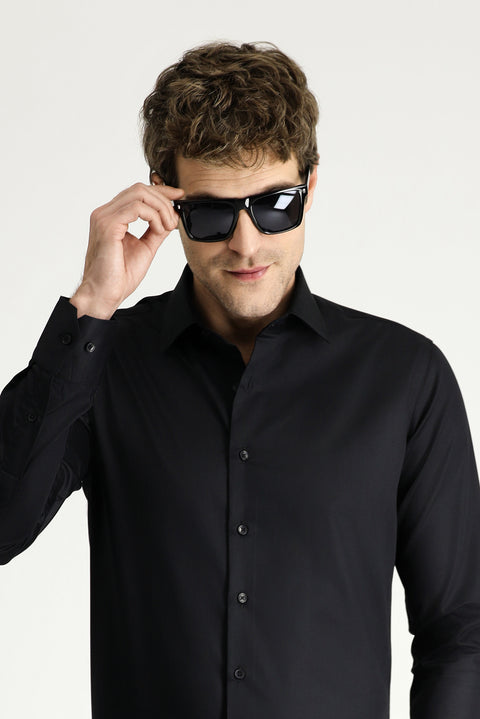 Black Long Sleeve Slim Fit Classic Non-Iron Satin Cotton Shirt