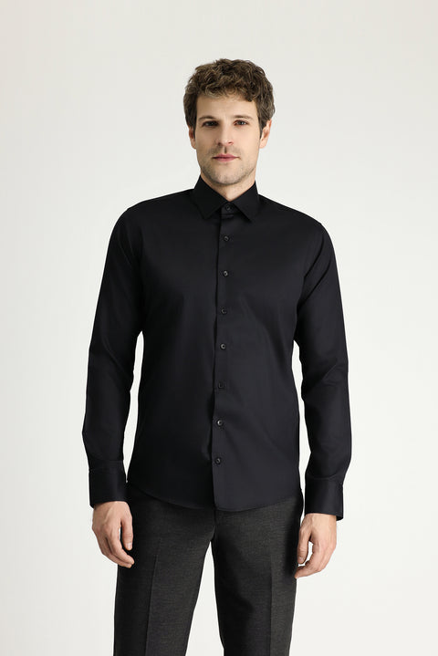 Black Long Sleeve Slim Fit Classic Non-Iron Satin Cotton Shirt