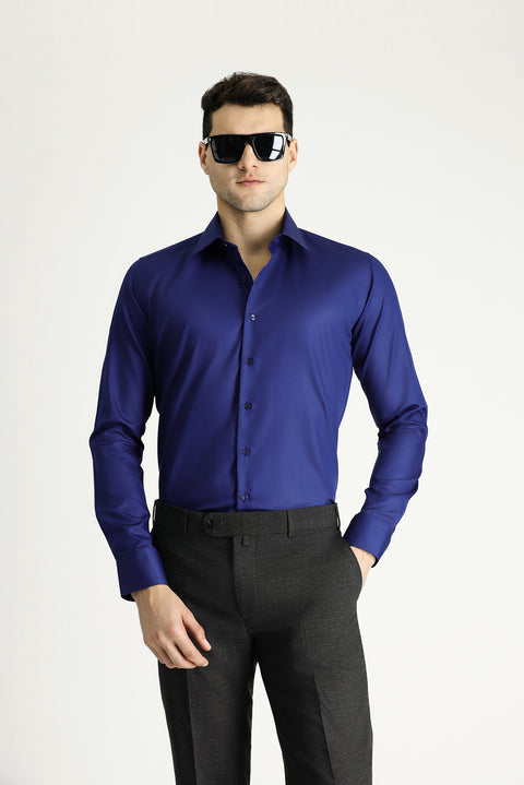 Medium Navy Long Sleeve Slim Fit Classic Non-Iron Satin Cotton Shirt