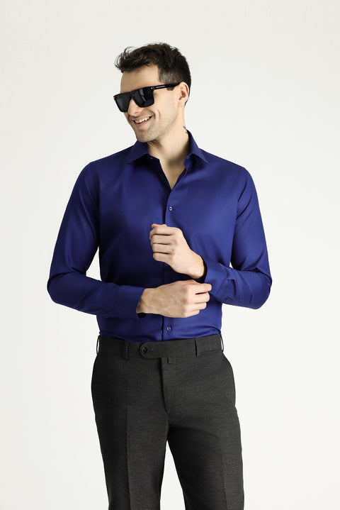 Medium Navy Long Sleeve Slim Fit Classic Non-Iron Satin Cotton Shirt