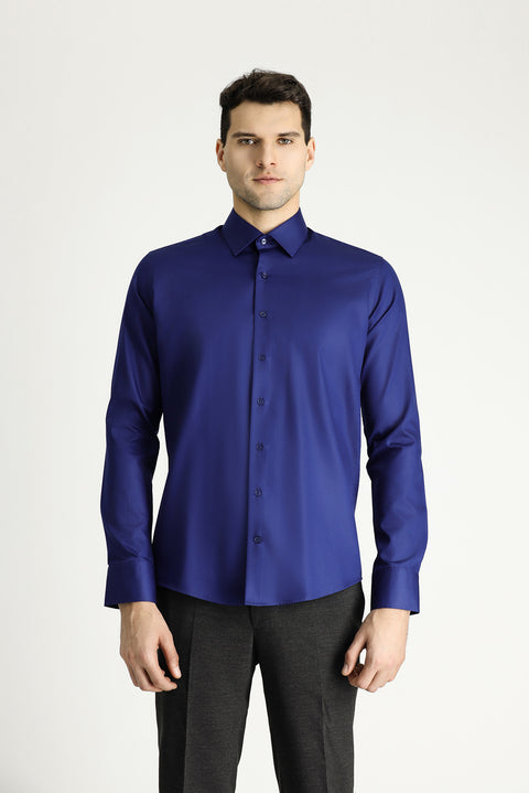 Medium Navy Long Sleeve Slim Fit Classic Non-Iron Satin Cotton Shirt