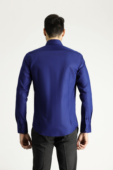 Medium Navy Long Sleeve Slim Fit Classic Non-Iron Satin Cotton Shirt