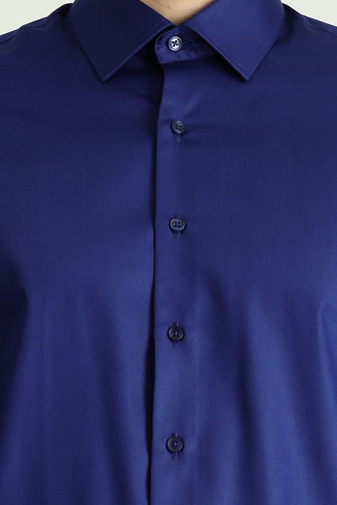 Medium Navy Long Sleeve Slim Fit Classic Non-Iron Satin Cotton Shirt