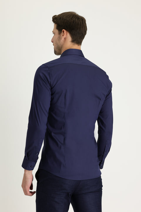 Dark Navy Long Sleeve Super Slim Fit Extra Narrow Cut Classic Cotton Shirt