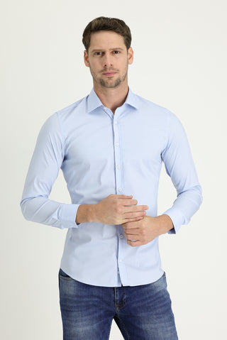  Uçuk Mavi Uzun Kol Super Slim Fit Ekstra Dar Kesim Fit Klasik Pamuklu Gömlek