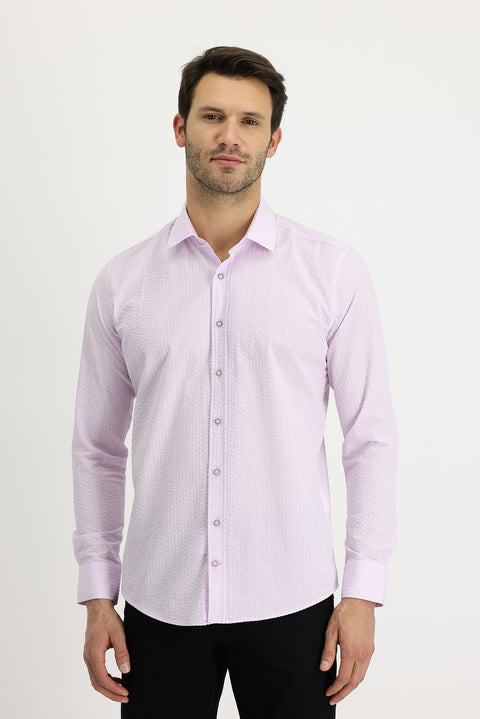 Dusty Pink Long Sleeve Slim Fit Striped Cotton Shirt