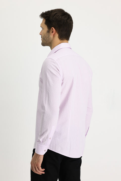 Dusty Pink Long Sleeve Slim Fit Striped Cotton Shirt
