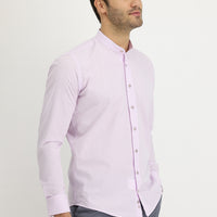 Dusty Pink Long Sleeve Mandarin Collar Regular Fit Striped Cotton Shirt