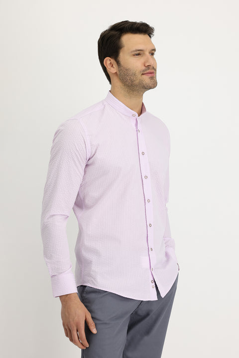 Dusty Pink Long Sleeve Mandarin Collar Regular Fit Striped Cotton Shirt