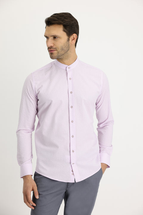 Dusty Pink Long Sleeve Mandarin Collar Regular Fit Striped Cotton Shirt