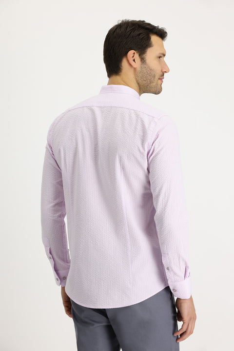 Dusty Pink Long Sleeve Mandarin Collar Regular Fit Striped Cotton Shirt
