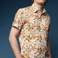 Light Brown Short Sleeve Slim Fit Printed Cotton Shirt