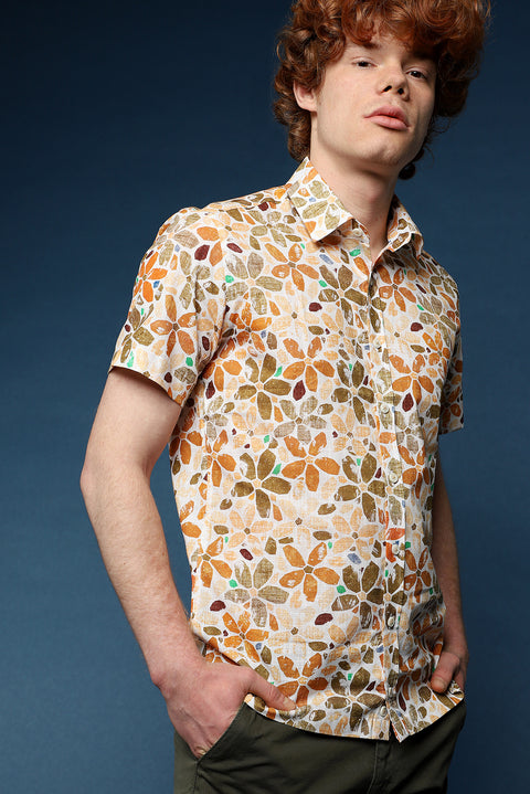 Light Brown Short Sleeve Slim Fit Printed Cotton Shirt