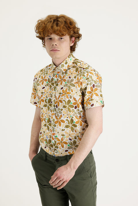 Light Brown Short Sleeve Slim Fit Printed Cotton Shirt