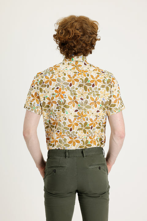 Light Brown Short Sleeve Slim Fit Printed Cotton Shirt