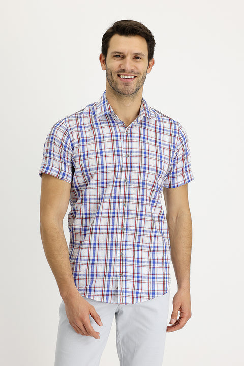 Blue Short Sleeve Slim Fit Plaid Shirt