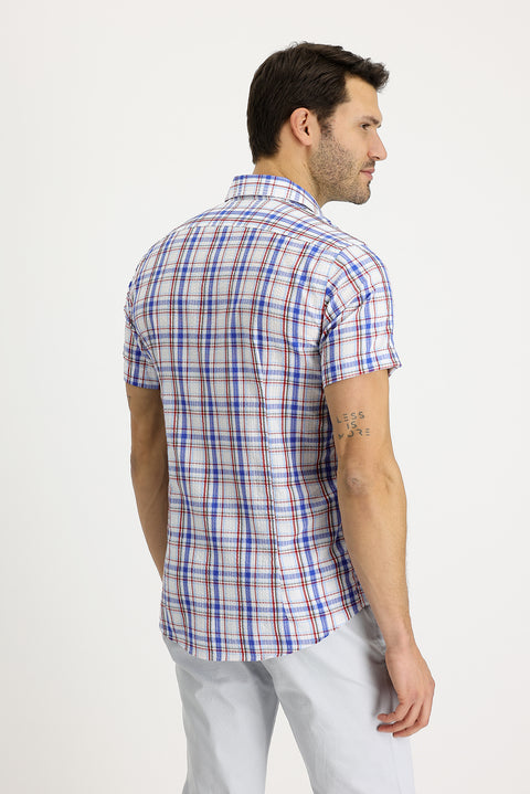 Blue Short Sleeve Slim Fit Plaid Shirt