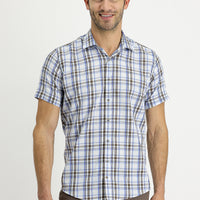 Medium Brown Short Sleeve Slim Fit Plaid Shirt