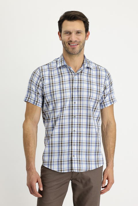 Medium Brown Short Sleeve Slim Fit Plaid Shirt