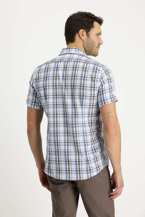Medium Brown Short Sleeve Slim Fit Plaid Shirt