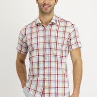 Flag Red Short Sleeve Slim Fit Narrow Cut Plaid Cotton Shirt